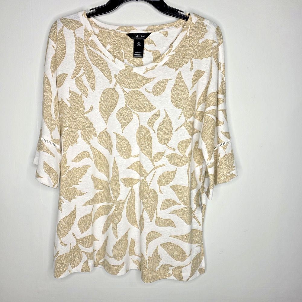 Ali Miles Womens Medium Linen Blend Tunic Top Brown White Leaves Lightweight